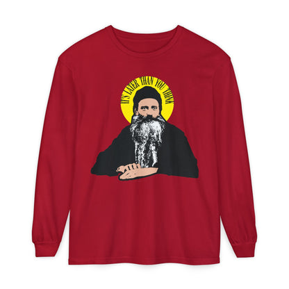 Red long-sleeve "It's Later Than You Think" shirt features a bearded man with a yellow halo, referencing Fr Seraphim Rose—a modern American Orthodox Christian saint—boldly living with wisdom in the Orthodox tradition.