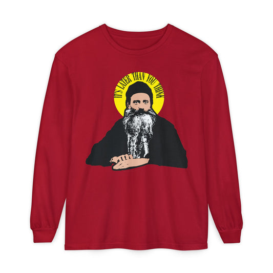 Red long-sleeve "It's Later Than You Think" shirt features a bearded man with a yellow halo, referencing Fr Seraphim Rose—a modern American Orthodox Christian saint—boldly living with wisdom in the Orthodox tradition.
