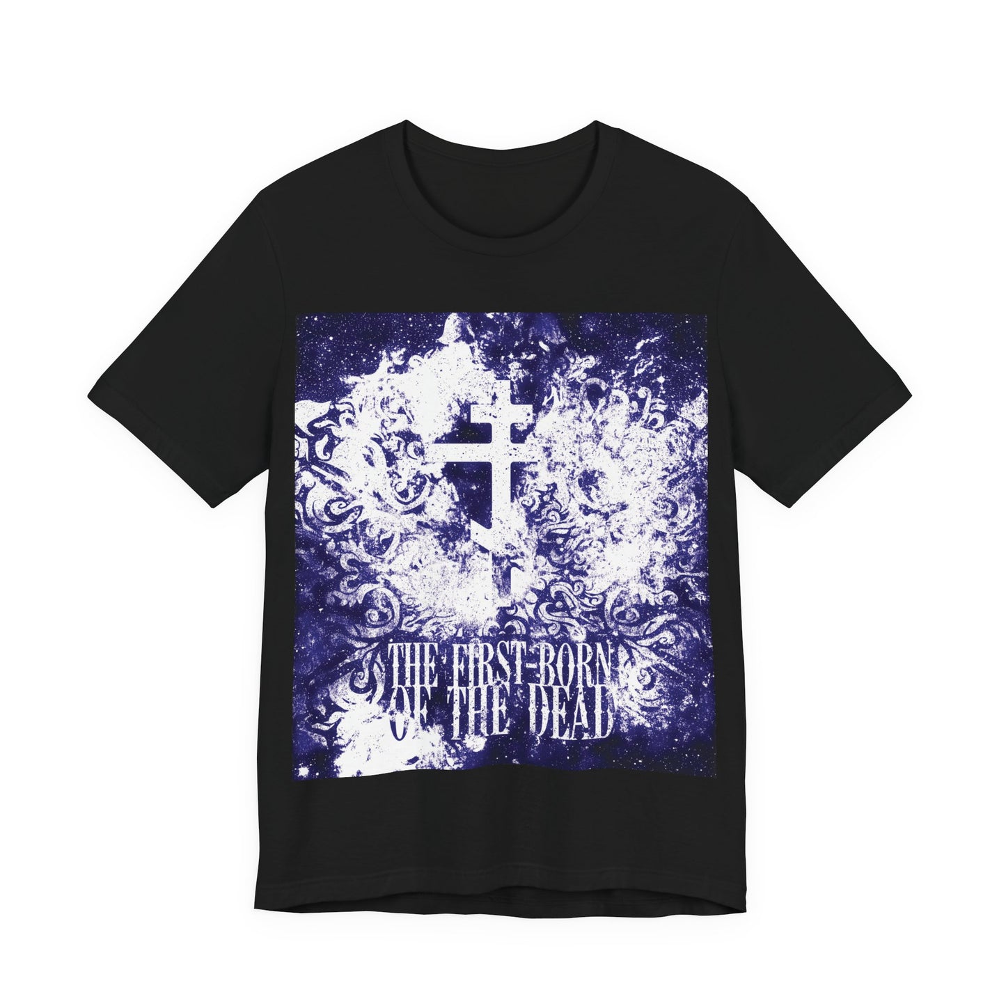 The First-Born of the Dead | Glowing White & Blue Textured Cosmic Orthodox Cross | Resurrection & Apocalypse | Christian Unisex Cotton Tee