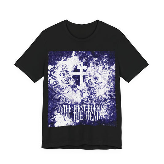 The First-Born of the Dead | Glowing White & Blue Textured Cosmic Orthodox Cross | Resurrection & Apocalypse | Christian Unisex Cotton Tee