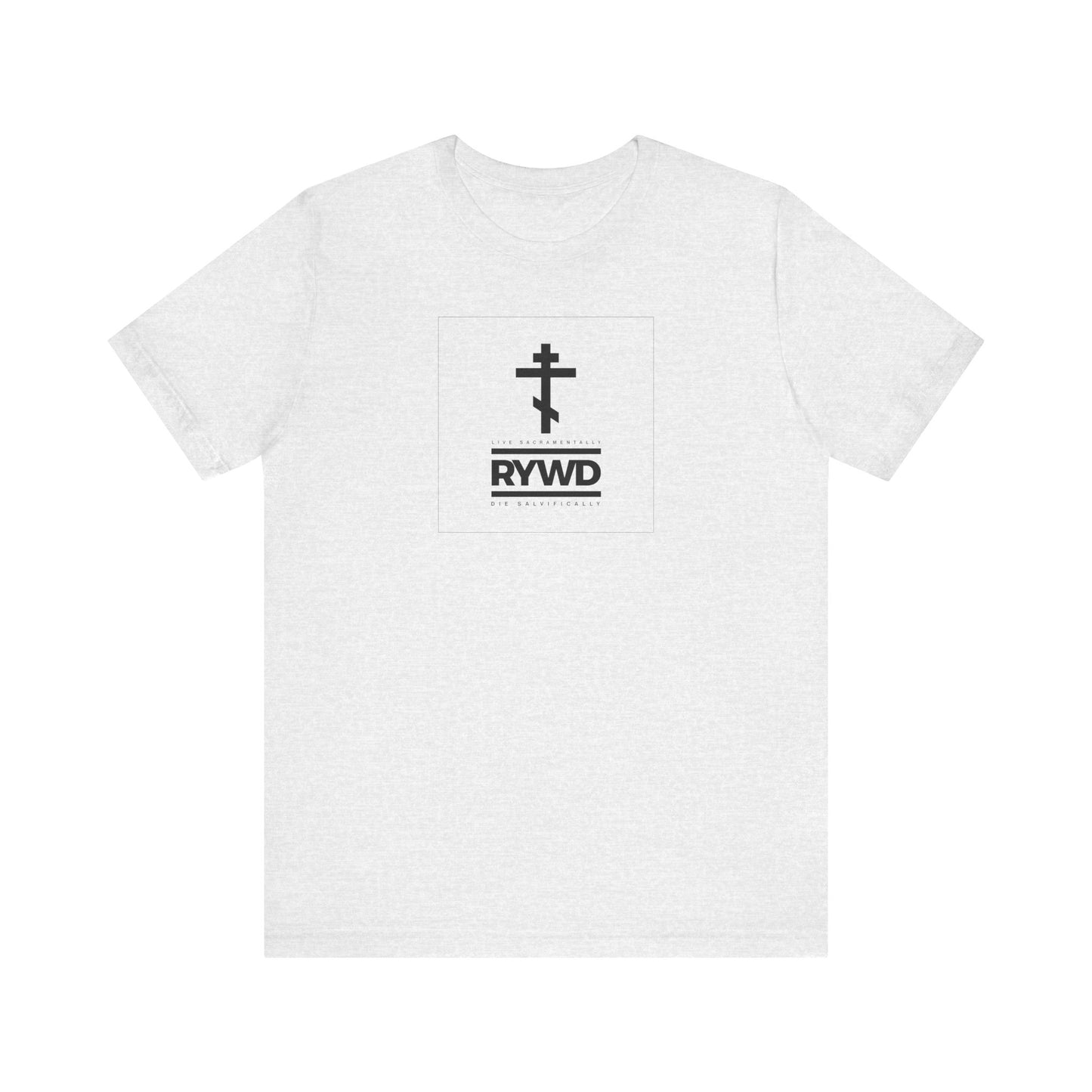 Ash-colored unisex tee featuring a minimalist black double-barred cross above bold "RYWD" lettering and smaller text, thoughtfully designed as a subtle Orthodox Christian reminder to live sacramentally and die salvifically.