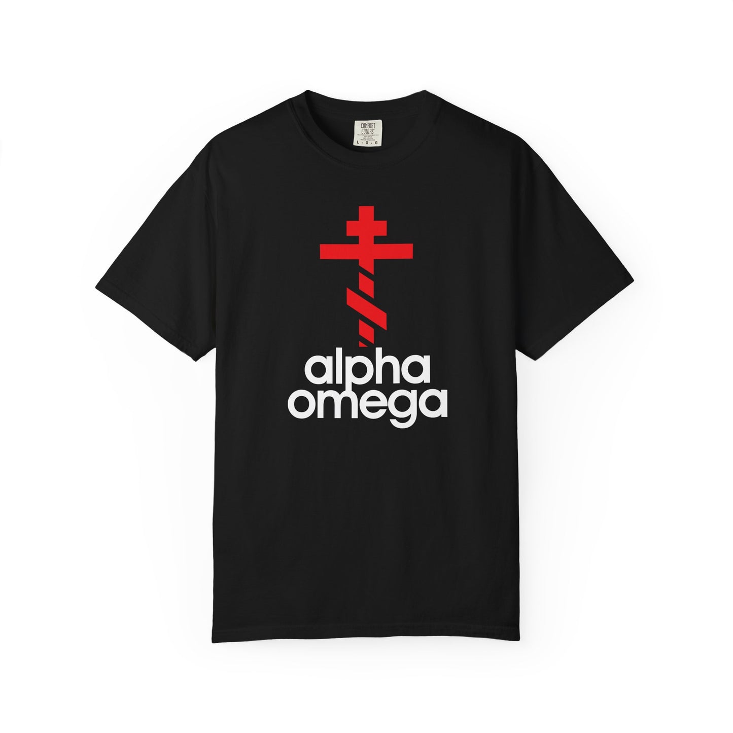 Black “Alpha & Omega Red Orthodox Cross (Large Design)” unisex heavyweight cotton tee, featuring a minimalist Adidas-inspired logo mashup with a bold red Orthodox cross above the words “alpha omega” in striking white—an understated yet impactful tribute to asceticism and Christian devotion.