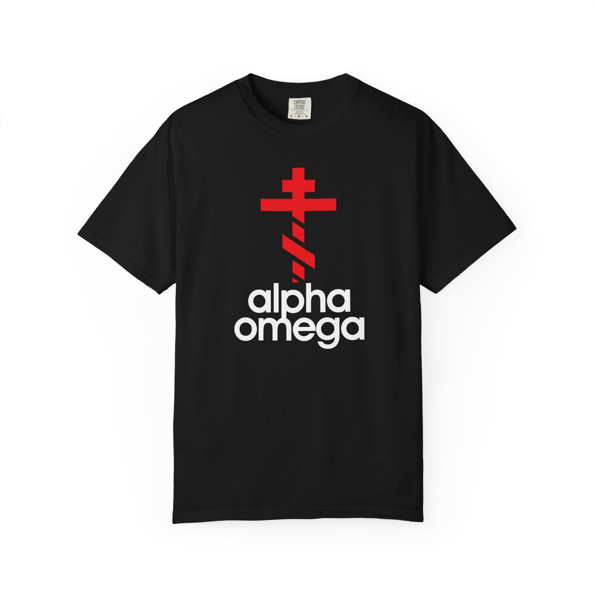 Black “Alpha & Omega Red Orthodox Cross (Large Design)” unisex heavyweight cotton tee, featuring a minimalist Adidas-inspired logo mashup with a bold red Orthodox cross above the words “alpha omega” in striking white—an understated yet impactful tribute to asceticism and Christian devotion.