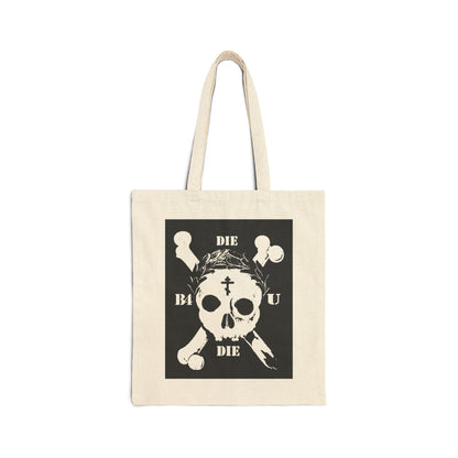 Natural tote bag featuring a retro skull & crossbones, Orthodox cross, laurel victory wreath, and "Die Before You Die"—a striking memento mori inspired by ascetic Christian teachings and Matthew 16:24-25.