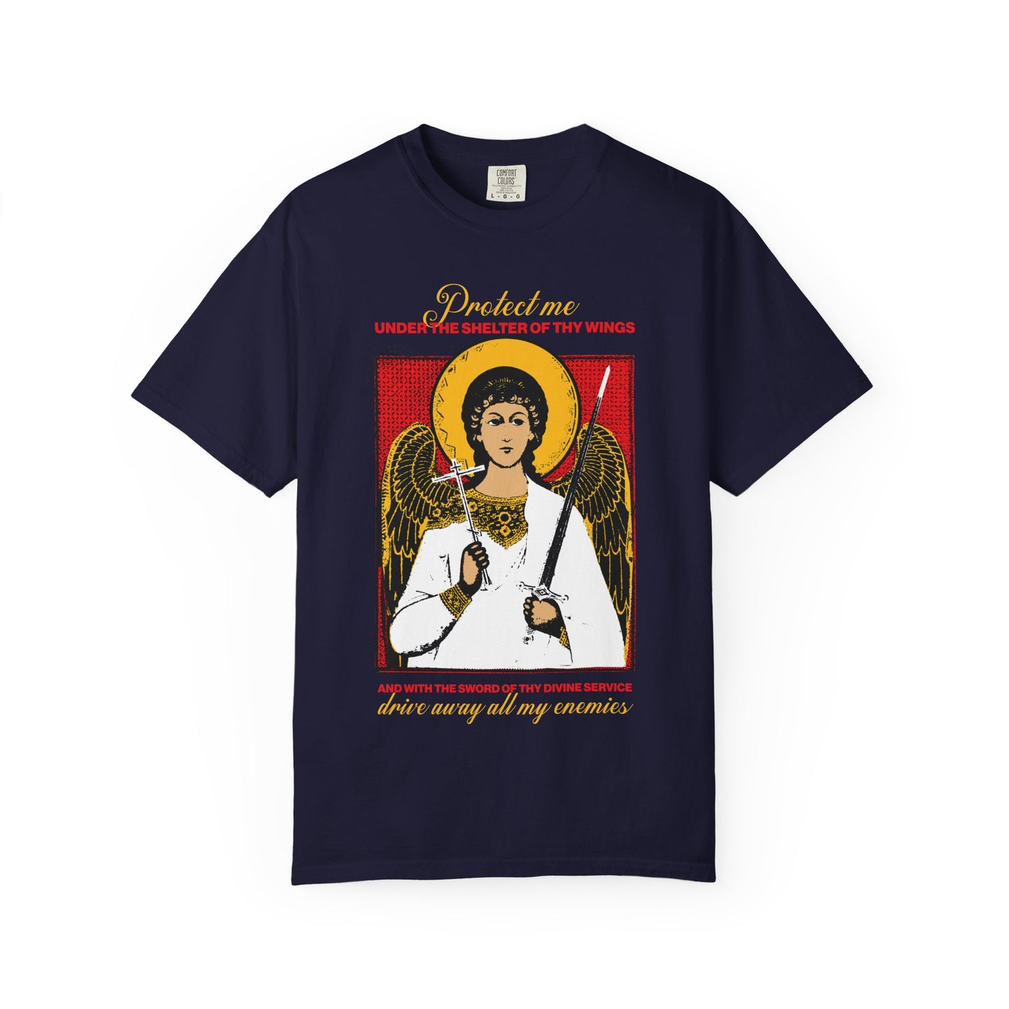 Holy Guardian Angel Holding Sword & Cross Icono-Graphic | Protection Prayer | Drive Away My Enemies | Heavyweight Cotton Unisex T-Shirt