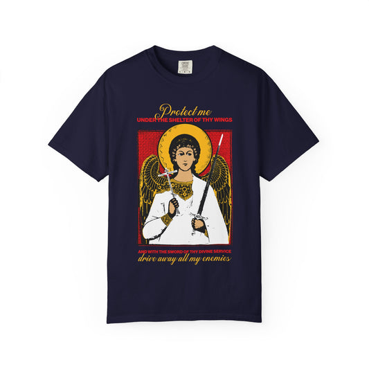 Holy Guardian Angel Holding Sword & Cross Icono-Graphic | Protection Prayer | Drive Away My Enemies | Heavyweight Cotton Unisex T-Shirt