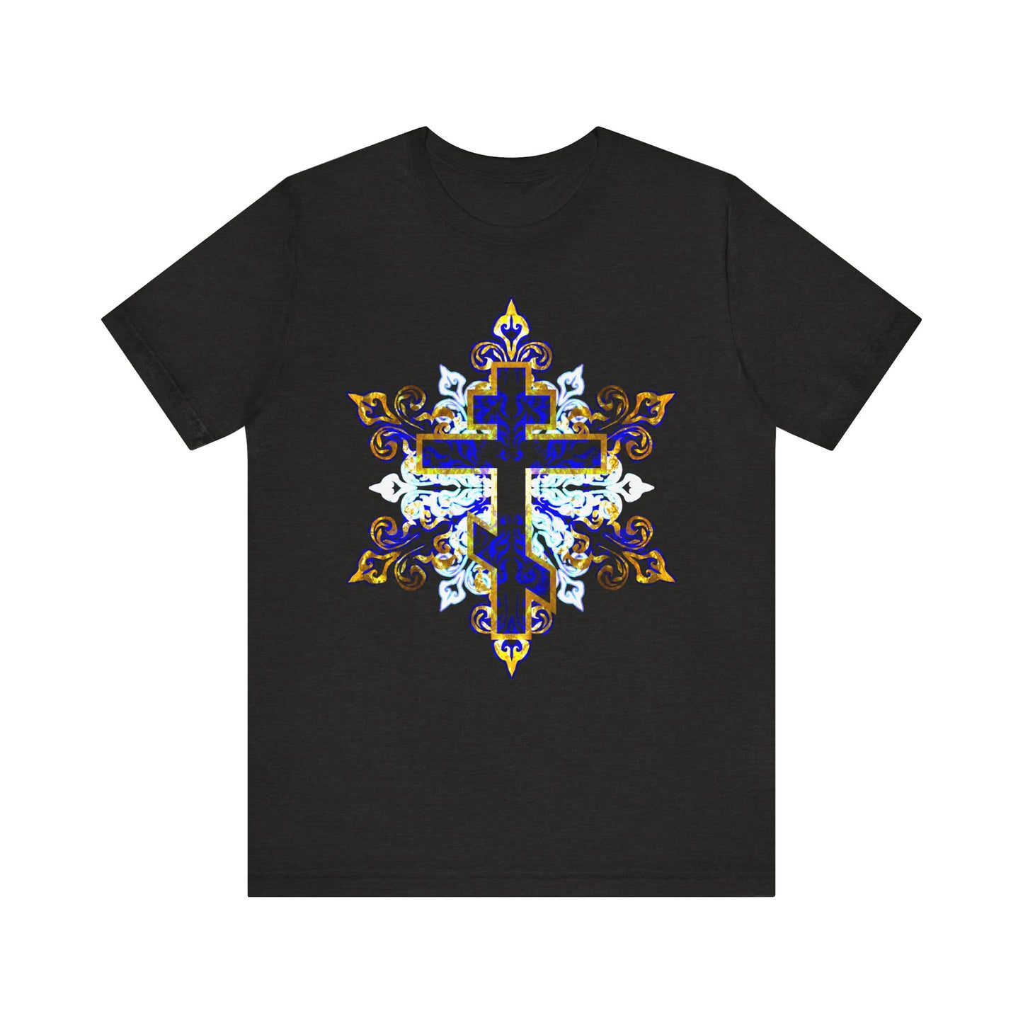 Black Heather unisex lightweight cotton t-shirt featuring an ornate glowing blue, white, and gold medieval filigree cross design inspired by the Homilies on Galatians from St. John Chrysostom and symbolizing the cross of our Lord Jesus Christ.