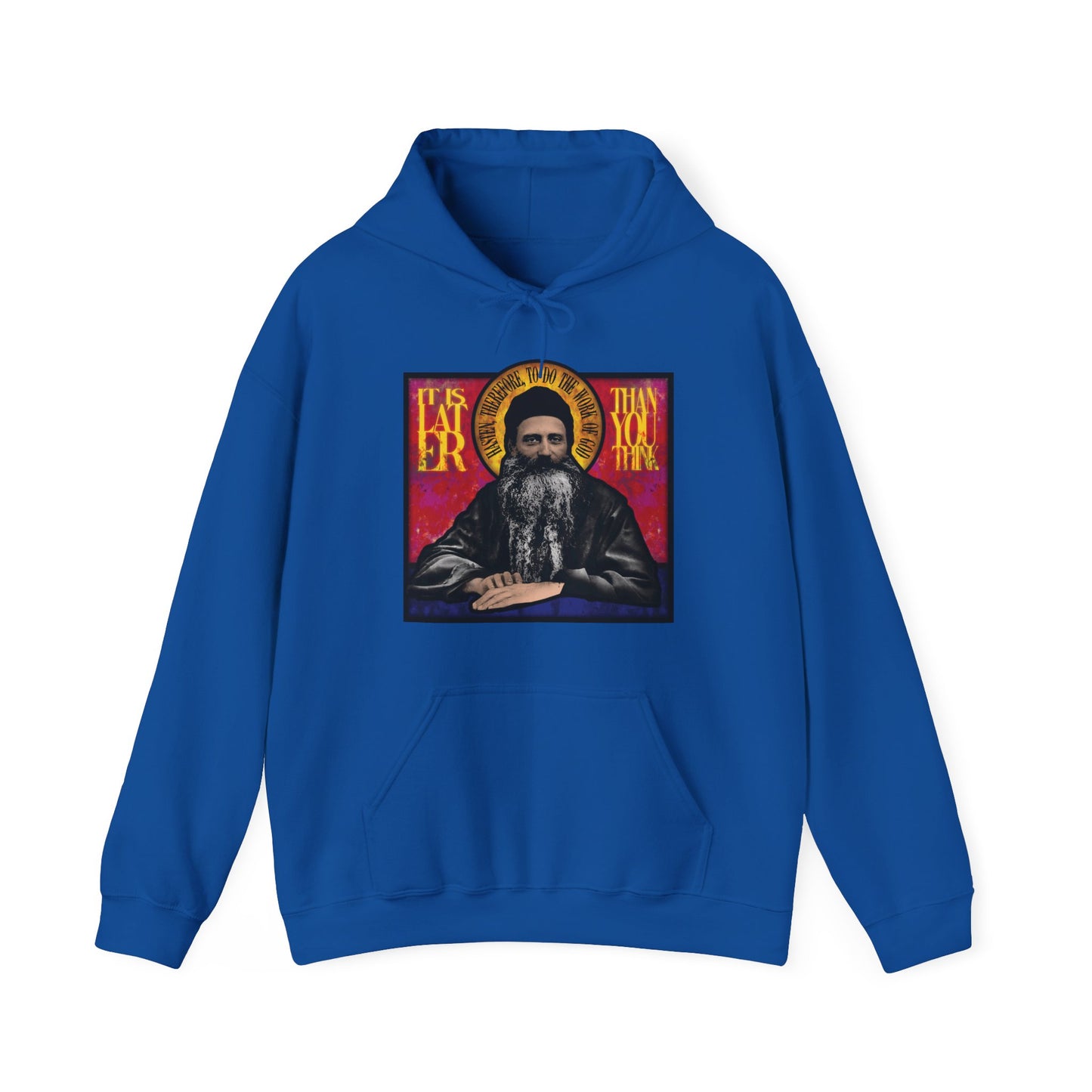 Royal hoodie with stained glass design of Fr. Seraphim Rose, American Orthodox monastic saint, and the phrase "It Is Later Than You Think"—a bold reminder to reflect on salvation and resurrection.