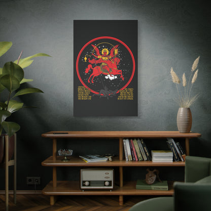 Archangel Michael of the Apocalypse Icono-Graphic | War in Heaven—Christian canvas art depicting Michael casting out Satan, shown above a mid-century shelf with books and plants on a dark wall.