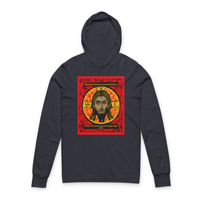 The Remembrance of Death "Made Without Hands" Orthodox Hooded Shirt features a vivid Byzantine-style icon of Jesus (Mandylion) in red, black, and yellow, with Greek letters and ornate details, centered on a black hoodie.