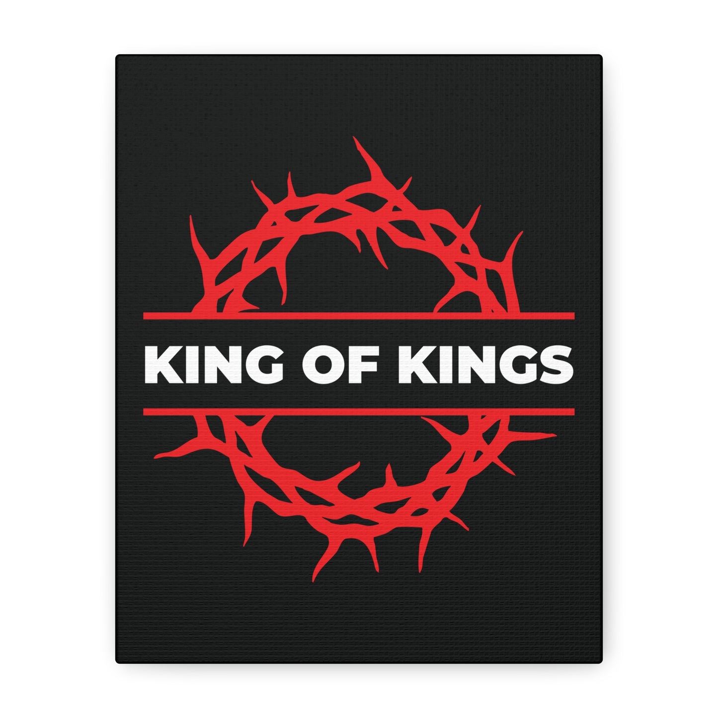 Striking canvas art with a black background, red crown of thorns, and bold KING OF KINGS text— inspired by Revelation 19:16. King of Kings Crown of Thorns | The King of Glory | Christ is King | Bold Christian Canvas Art.