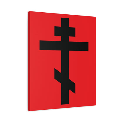 Black Orthodox Cross Red Background | "May I never boast, except in the cross of our Lord Jesus Christ" (Gal 6:14) | Orthodox Canvas Art—spiritual artwork inspired by faith.