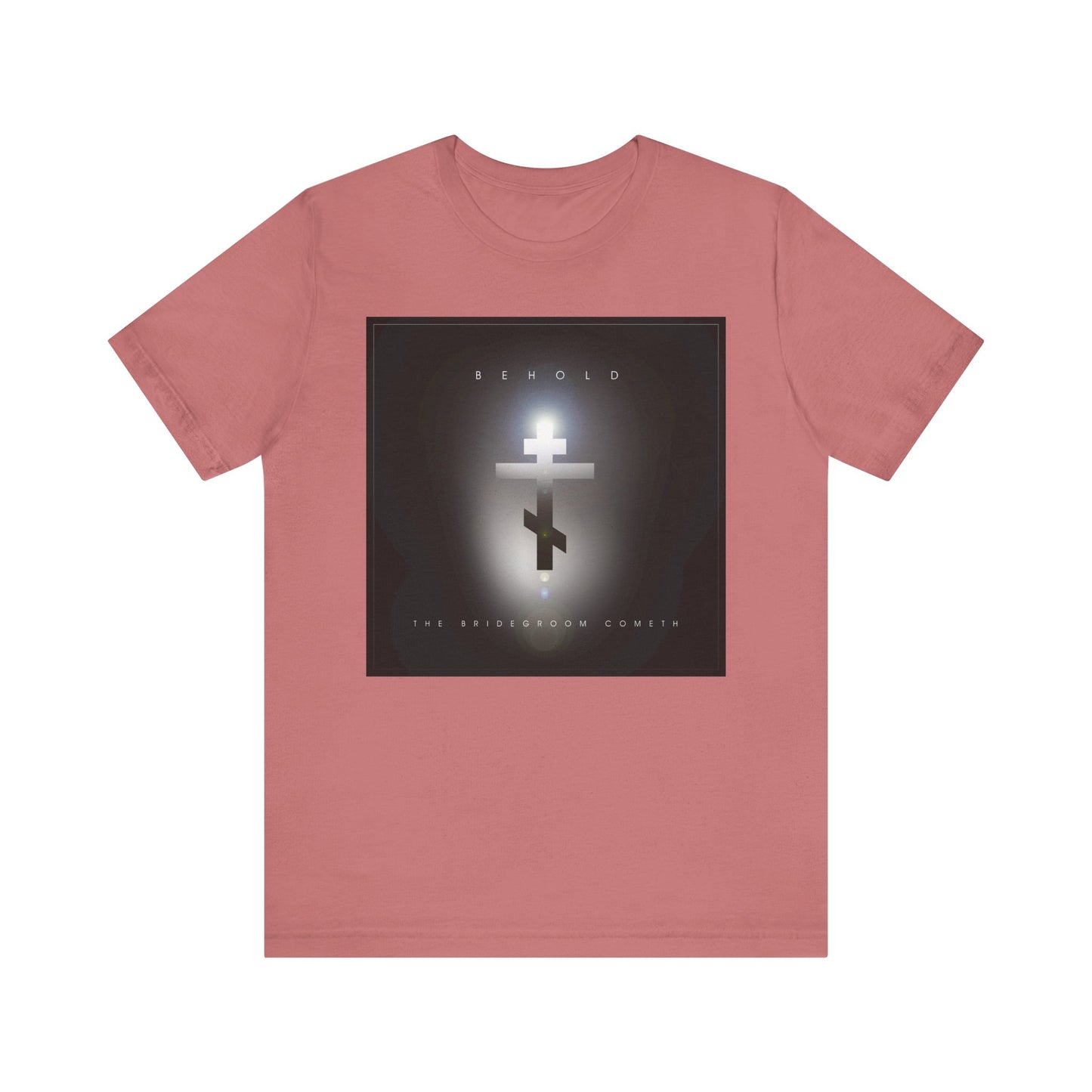 Mauve unisex Orthodox Christian tee featuring a minimalist cinematic lens flare cross and “BEHOLD THE BRIDEGROOM COMETH,” inspired by St. Augustine’s reflections on judgment day. Lightweight cotton for comfort.