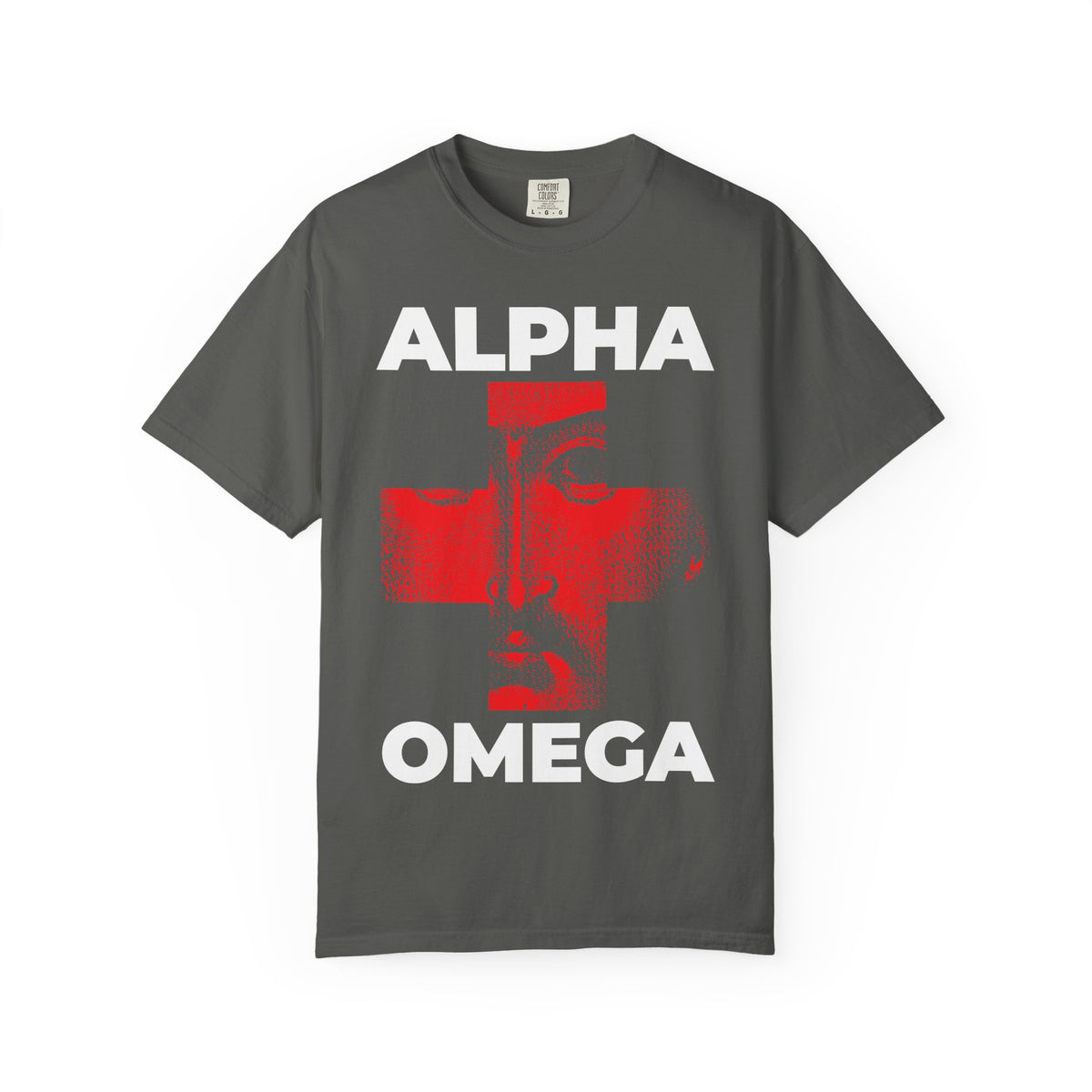Pepper-colored heavyweight cotton unisex tee showcasing Christ’s face within a bold red cross iconographic design, featuring the text “I AM THE ALPHA + THE OMEGA, THE BEGINNING + THE END (Rev 1:8)” in a striking style.