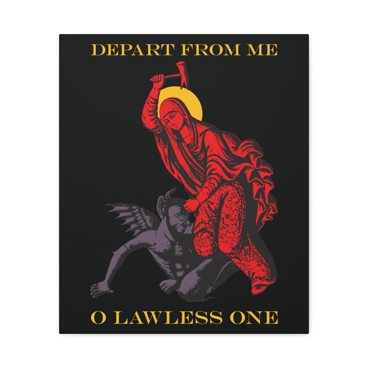 St Marina IconoGraphic (Depart from Me O Lawless One) | Saint Beating the Devil with a Hammer | Orthodox Christian Canvas Art