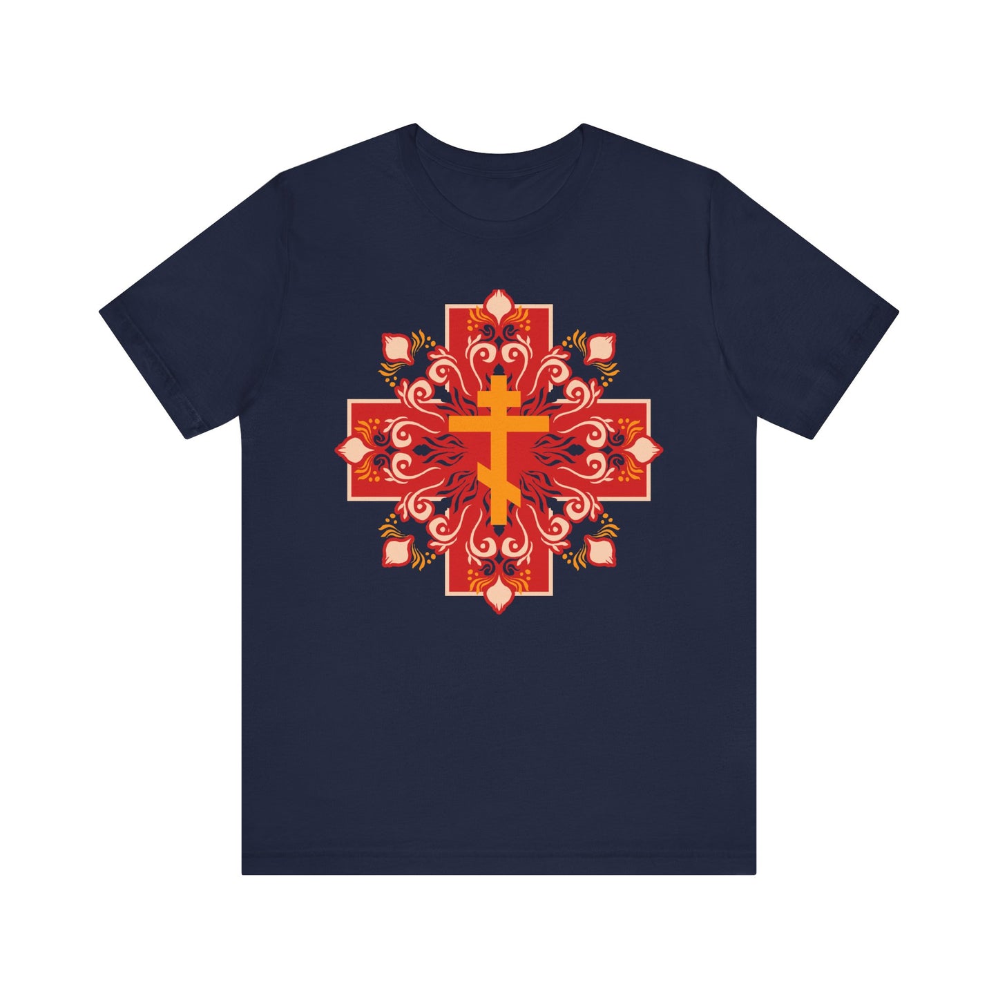 Navy unisex tee featuring an orange & red Orthodox cross with a colorful festive design and the message "By His Wounds You Have Been Healed" (1 Peter 2:24), crafted from lightweight cotton.