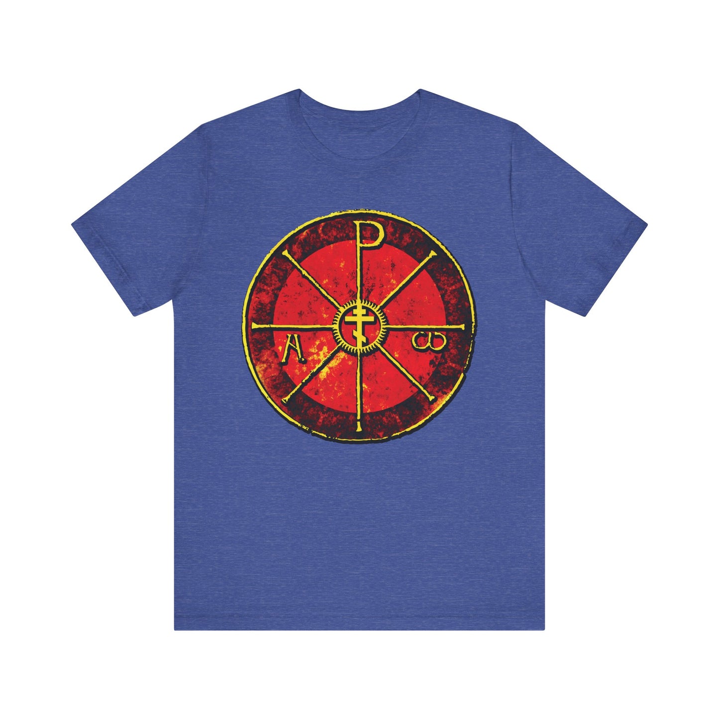Heather True Royal t-shirt featuring a red and yellow circular Christogram inspired by the Alpha & Omega Chi Rho Orthodox Cross, with P, A, and C on the front—a nod to Milan’s Cathedral. Lightweight cotton.