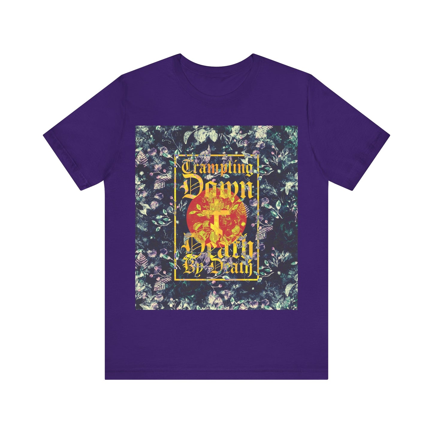 Trampling Down Death By Death | Paschal Floral Design with Gothic Script and Three-Bar Cross | Orthodox Christian T-Shirt
