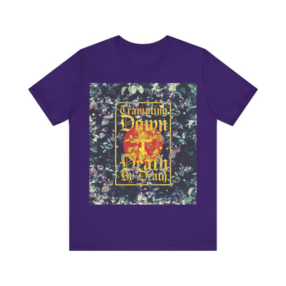 Trampling Down Death By Death | Paschal Floral Design with Gothic Script and Three-Bar Cross | Orthodox Christian T-Shirt