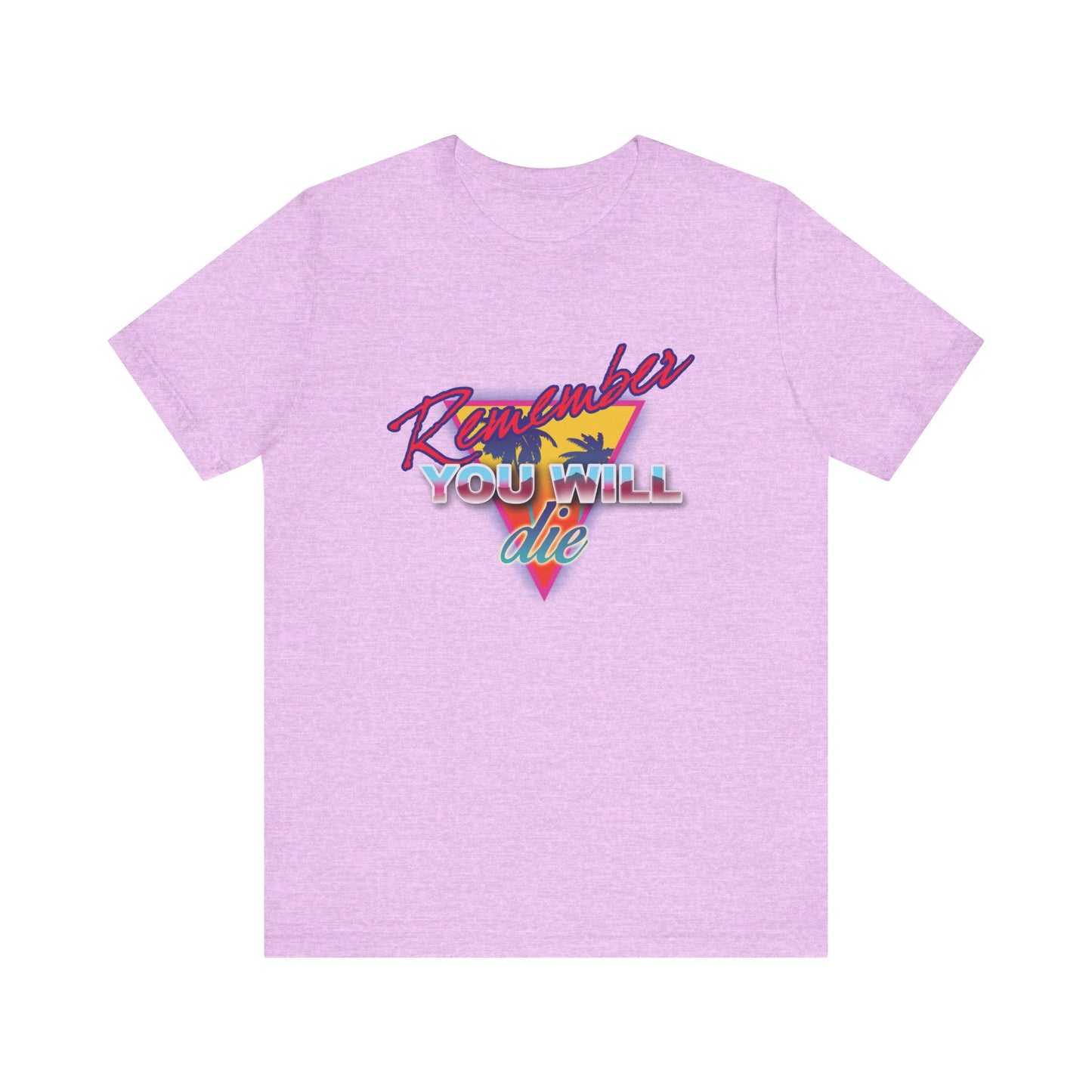 Heather Prism Lilac t-shirt in retro 80s synthwave style with palm tree graphic and “Remember You Will Die” text, inspired by Orthodox Christian Memento Mori and St. John Climacus, lightweight unisex cotton tee.