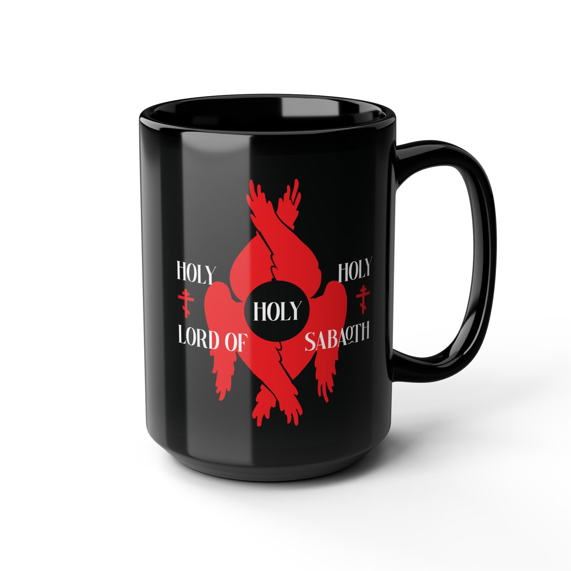 Black mug featuring red seraphim wings, Orthodox crosses, and “HOLY HOLY HOLY LORD SABAOTH” text inspired by Isaiah 6:3; Divine Council Orthodox Christian design.