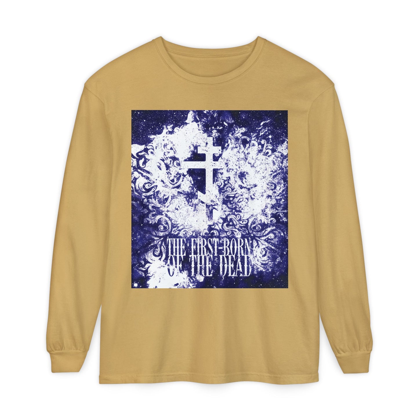 Mustard long-sleeve cotton shirt featuring a glowing white and blue textured cosmic Orthodox cross and “The First-Born of the Dead” text on front, inspired by resurrection and apocalypse themes.