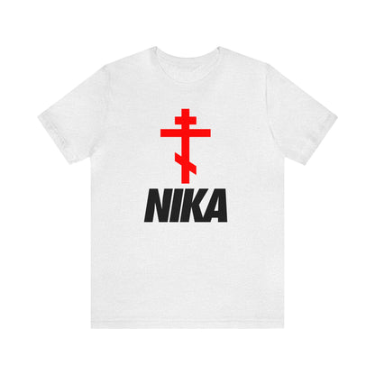 NIKA Red Orthodox Cross Black Text | Orthodox Christian T-Shirt