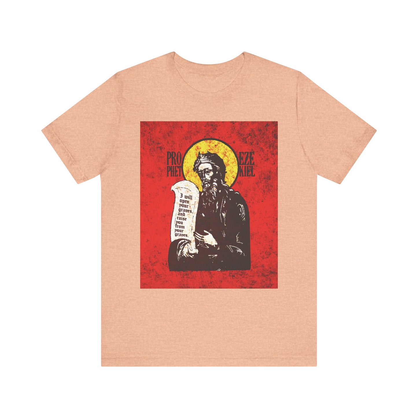 A bearded figure with a scroll and halo, evocative of the breath of life, is depicted on the Prophet Ezekiel IconoGraphic lightweight cotton unisex tee, featuring a high-contrast bright red and yellow Old Testament design on a heather peach background.