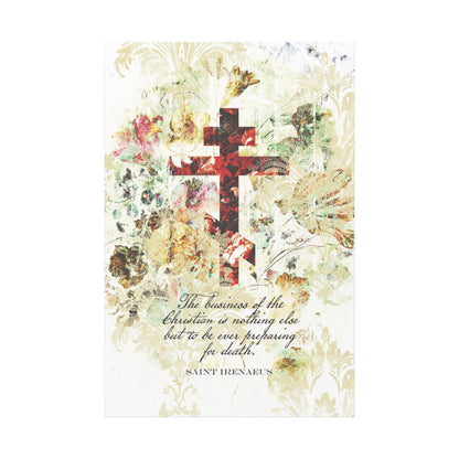 Preparing For Death | White & Beige Floral Scrapbook Texture Cross | Arts & Crafts Style | St Irenaeus | Orthodox Christian Canvas Art