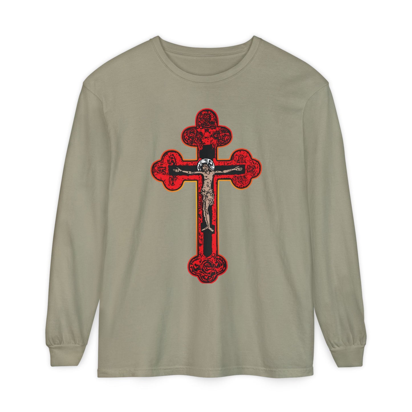Sandstone long-sleeve shirt featuring a large red Byzantine Orthodox Christian Golgotha Cross with Alpha & Omega and “I Am Crucified With Christ,” reminding us that by His stripes we are healed.