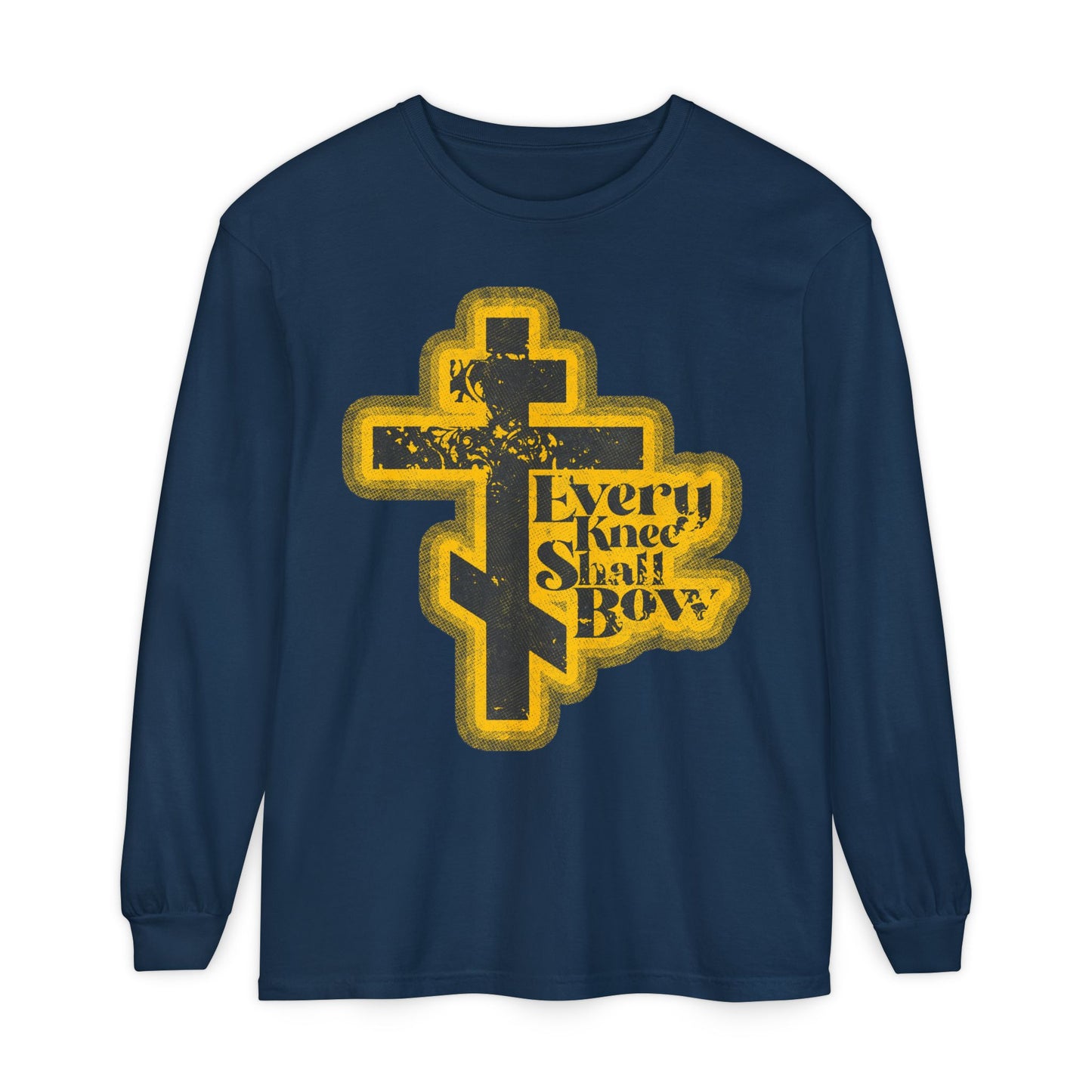 True Navy long sleeve featuring a yellow cross and “Every Knee Shall Bow” graphic, inspired by Philippians 2:10-11 & Isaiah 45:23, in a 70s distressed halftone comic book style. Orthodox Christian message: Jesus Christ is Lord.