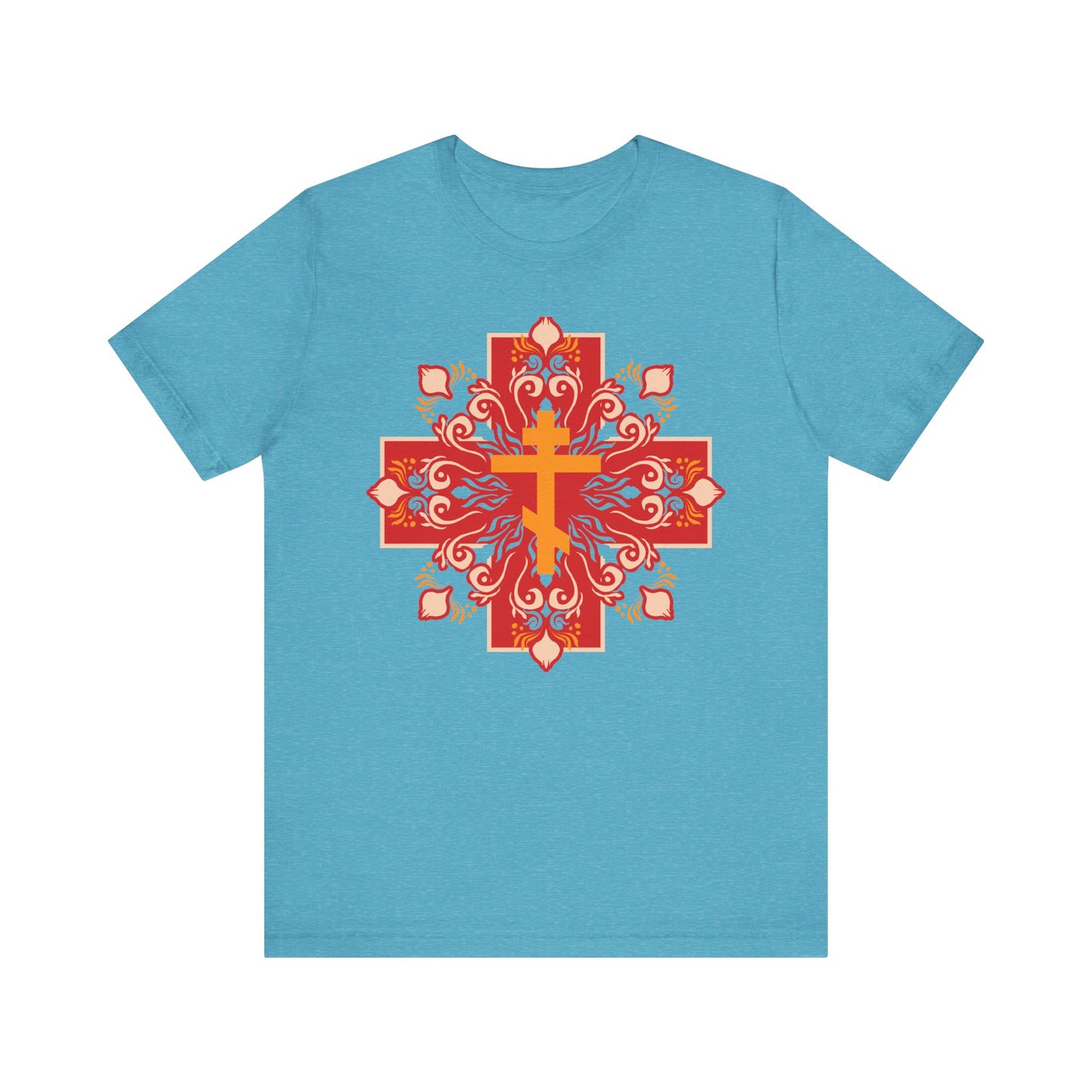 Heather Aqua unisex tee with an orange & red Orthodox cross and festive design, inspired by "By His Wounds You Have Been Healed" (1 Peter 2:24). Lightweight cotton, features decorative patterns in the center.