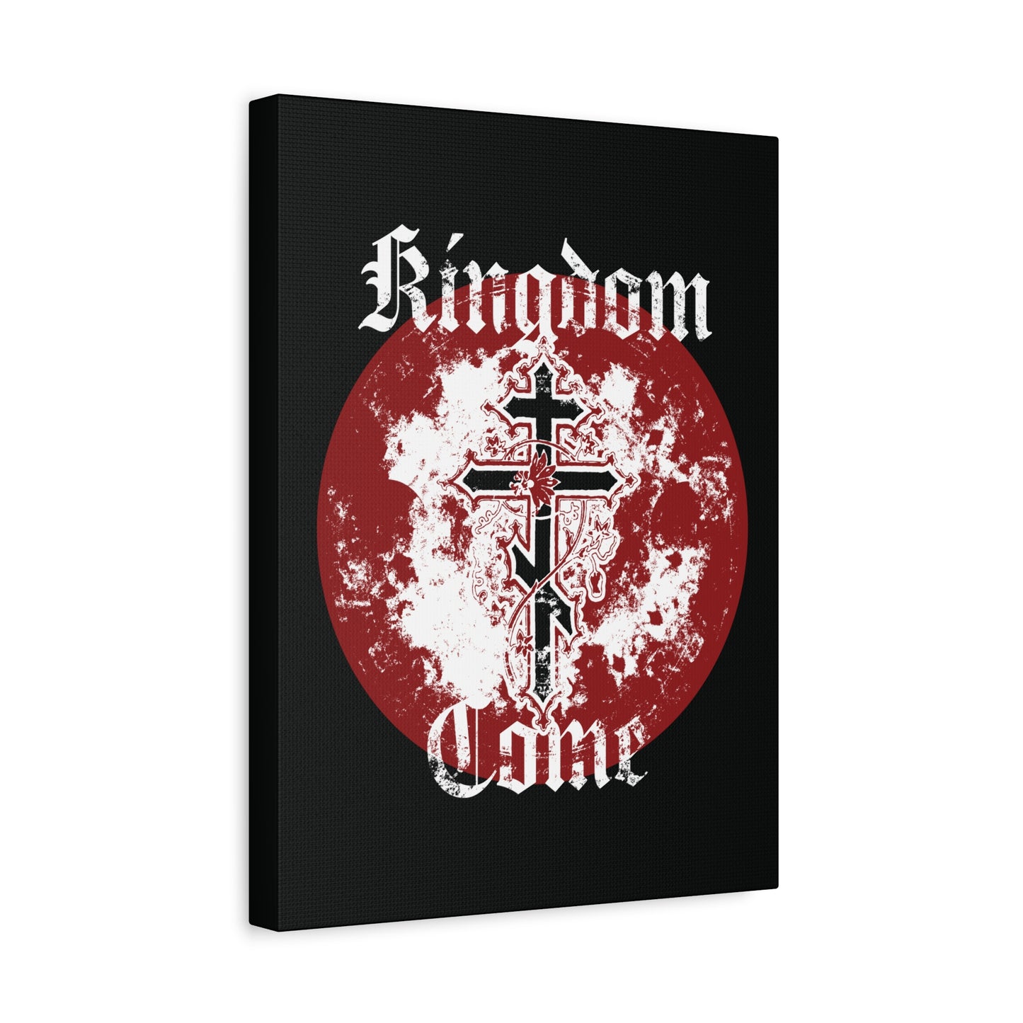 Kingdom Come | Lord's Prayer Orthodox Christian Canvas Art: Features an Orthodox Cross with vine and textured gothic font on a red, cloudy circle over black, invoking the Holy Spirit’s presence.
