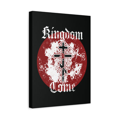 Kingdom Come | Lord's Prayer Orthodox Christian Canvas Art: Features an Orthodox Cross with vine and textured gothic font on a red, cloudy circle over black, invoking the Holy Spirit’s presence.