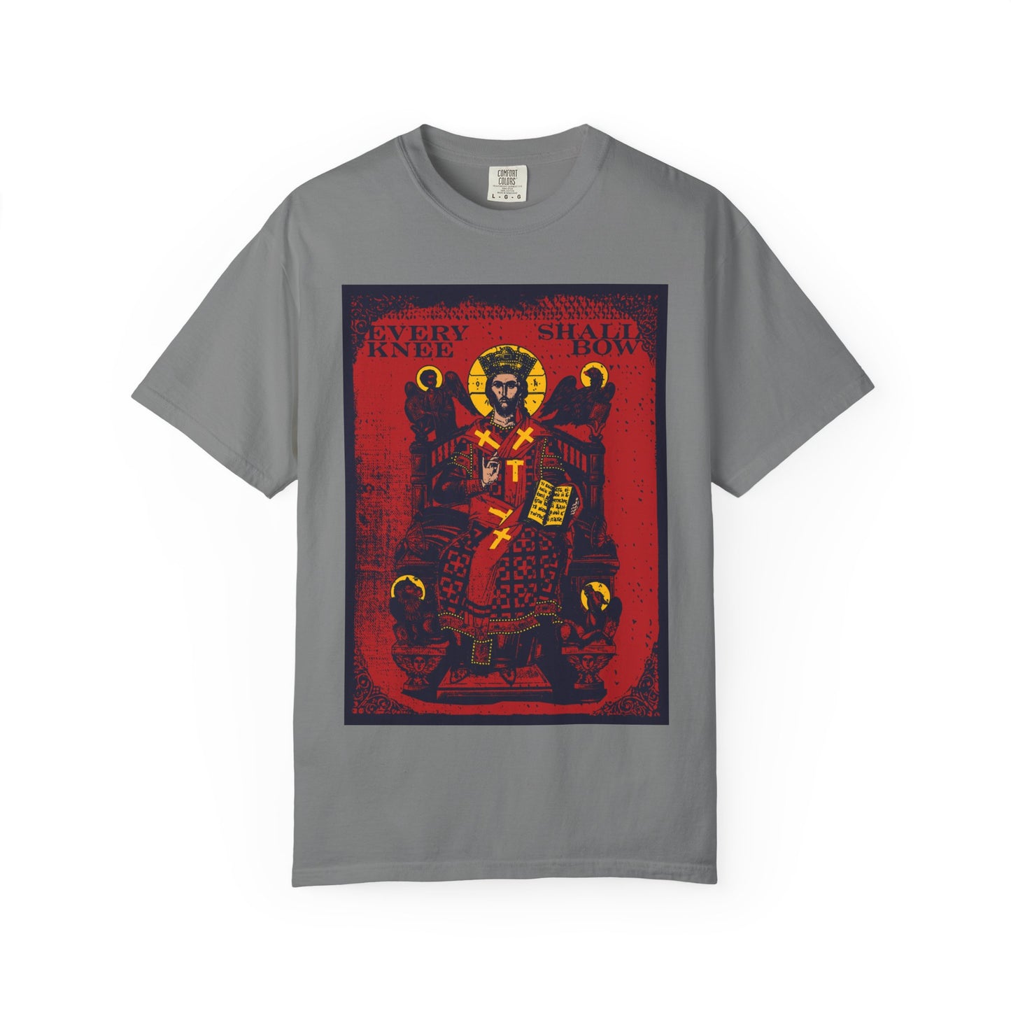 Grey heavyweight cotton unisex tee featuring “Every Knee Shall Bow” (Phil 2:8-11, Isaiah 45:23), Christ Enthroned IconoGraphic with Ezekiel's Chariot—an inspiring medieval knight and lion design.