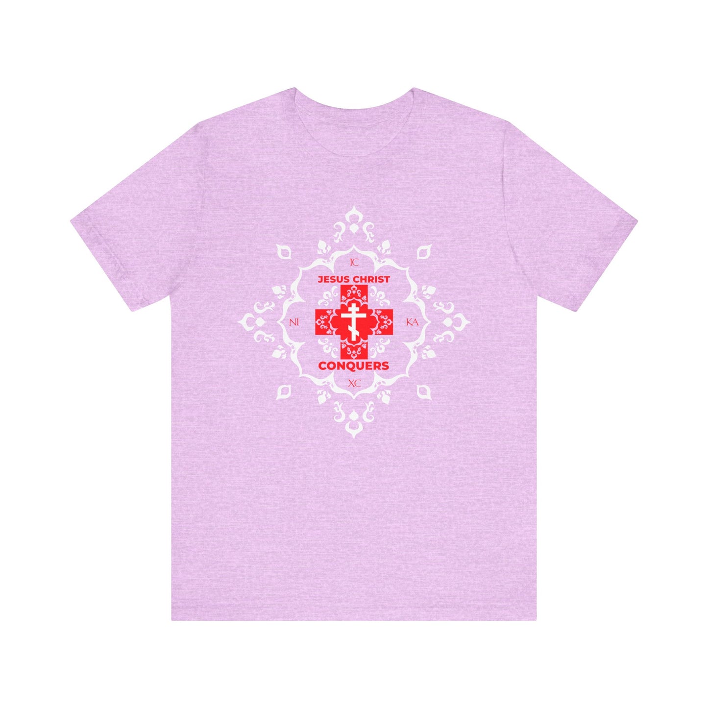 Heather Prism Lilac "ICXC NIKA | Jesus Christ Conquers" unisex tee featuring a white Orthodox cross, red modern font, and intricate medieval filigree—symbolizing victory over sin and inspired by the teachings of St John Chrysostom.