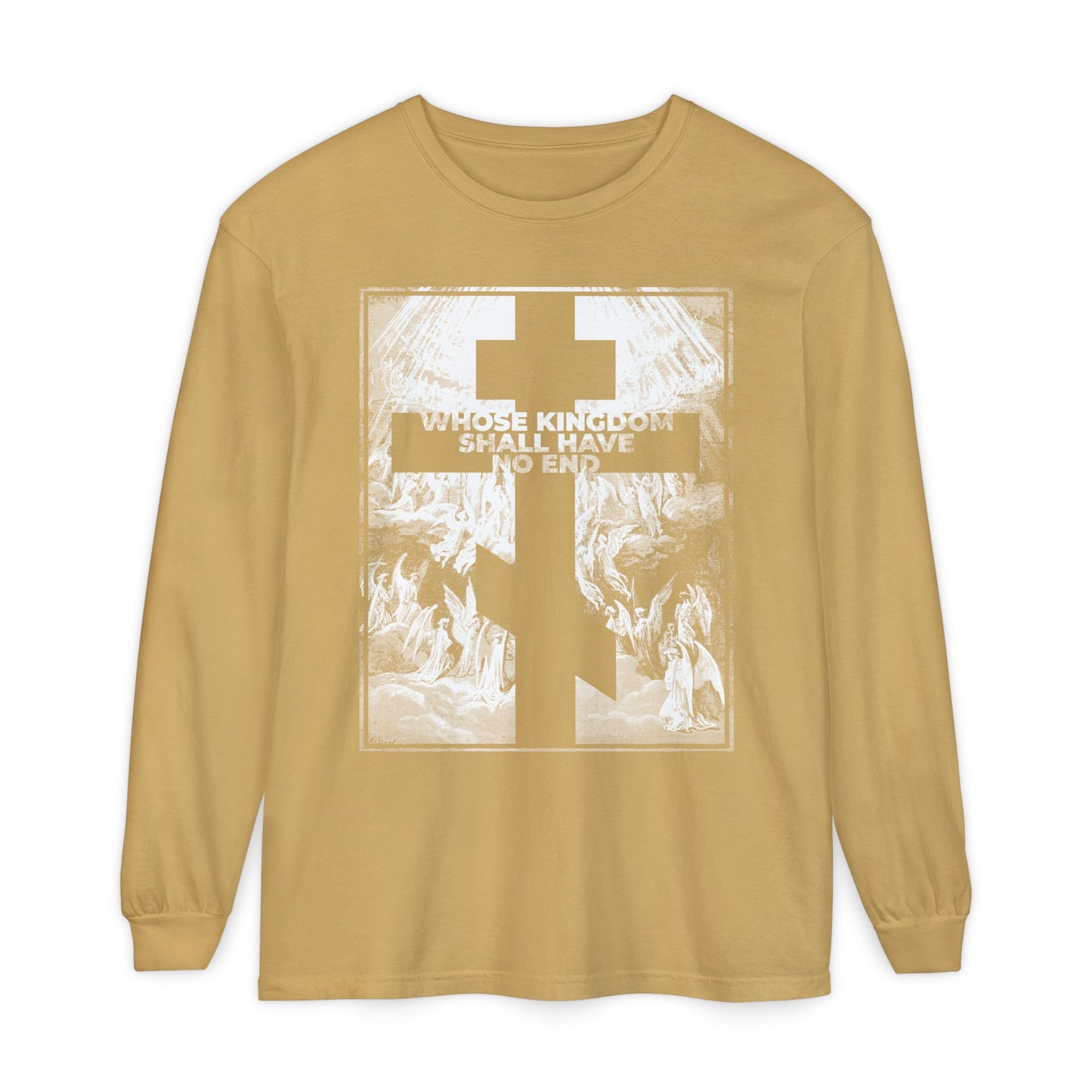 Mustard long-sleeve Orthodox shirt featuring Gustave Dore's etching and the text "WHOSE KINGDOM SHALL HAVE NO END"—a bold nod to the Nicene Creed and enduring Christian faith.