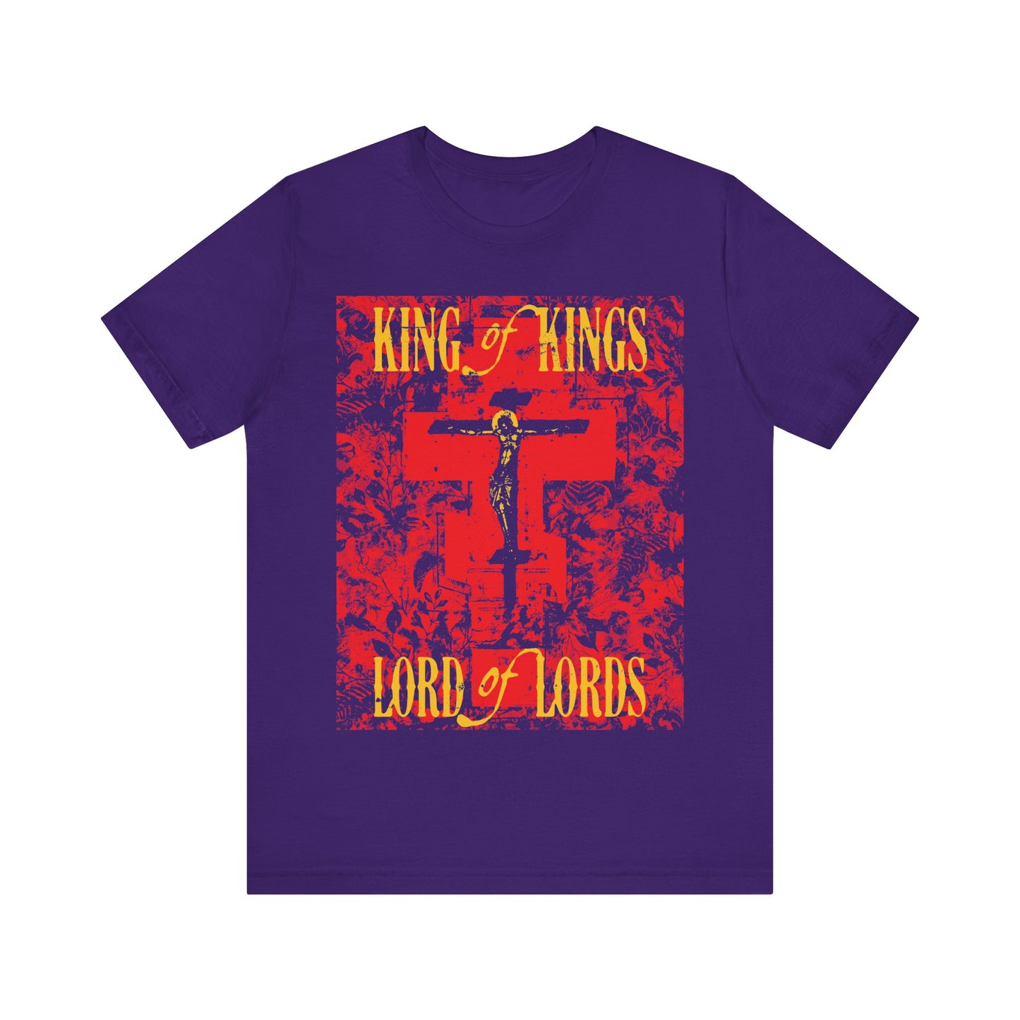 King of Kings, Lord of Lords | Christ Crucified Orthodox Icono-Graphic | Yellow & Red Design | Nature Texture | Lightweight Cotton Unisex T-Shirt