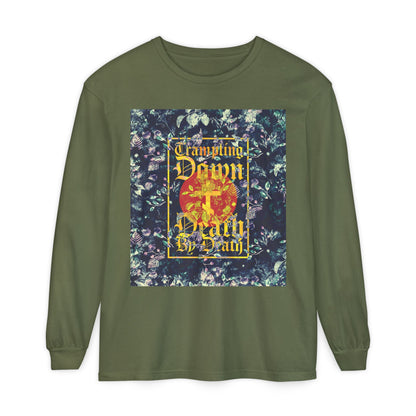 Trampling Down Death By Death | Paschal Floral Design with Gothic Script and Three-Bar Cross | Orthodox Christian Long Sleeve Shirt