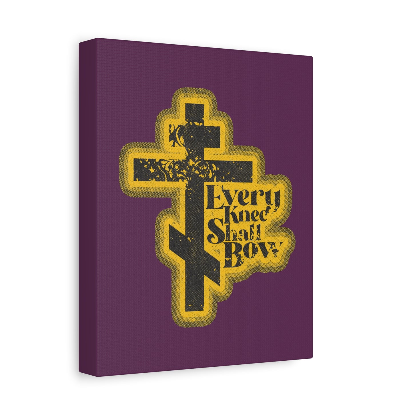 A 70s distressed halftone comic book-style Orthodox cross with "Every Knee Shall Bow," Philippians 2:10-11, and Isaiah 45:23 text on purple canvas, featured as Christian wall art.