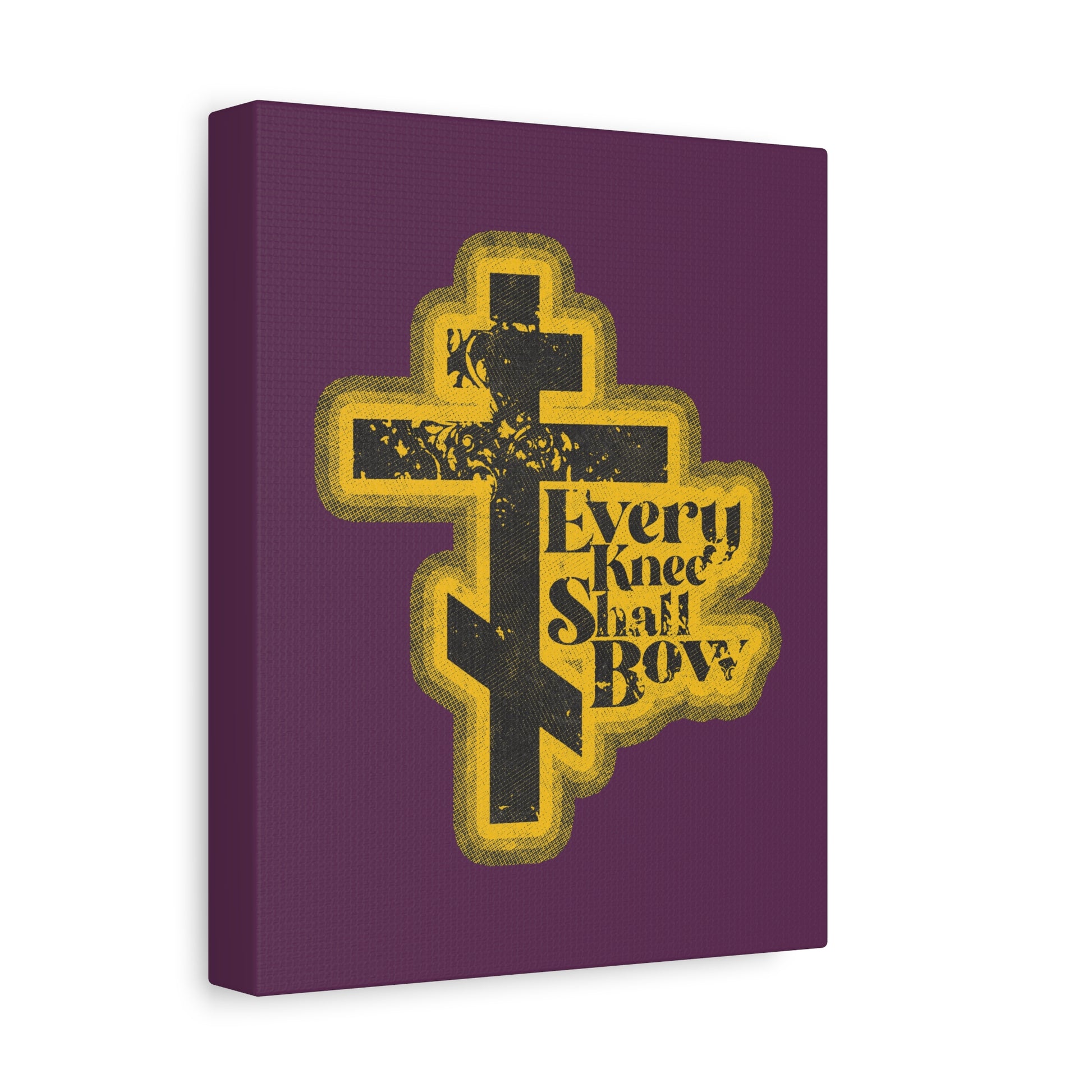 A 70s distressed halftone comic book-style Orthodox cross with "Every Knee Shall Bow," Philippians 2:10-11, and Isaiah 45:23 text on purple canvas, featured as Christian wall art.