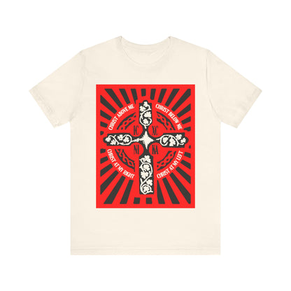 Red ICXC NIKA Enniskillen Celtic Cross | Lorica of St. Patrick | Shield Prayer | Orthodox Christian Cotton T-Shirt