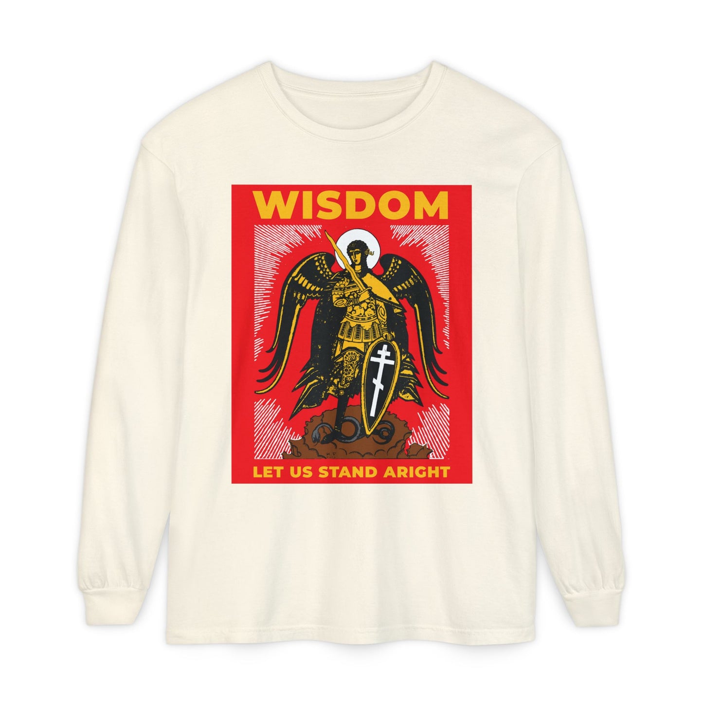 Ivory long-sleeve cotton shirt featuring an Orthodox Russian illustration of Archangel Michael with sword and shield, plus the words "WISDOM—LET US STAND ARIGHT," inspired by Revelation 12 and the war in heaven.