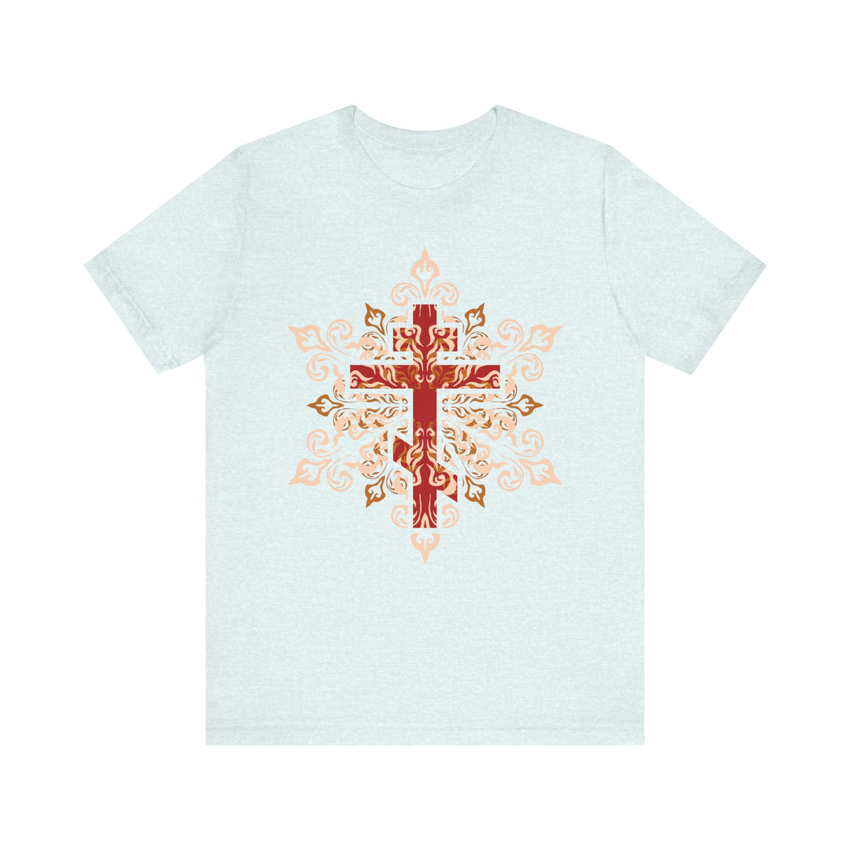 Heather Ice Blue lightweight cotton unisex tee featuring an ornate red, beige, and orange Orthodox cross—with intricate floral patterns—centered on the front; inspired by the teachings of St. Clement of Alexandria and bearing the affirmation: “Glory to Thy Precious and Life-Giving Cross, O Lord.”.