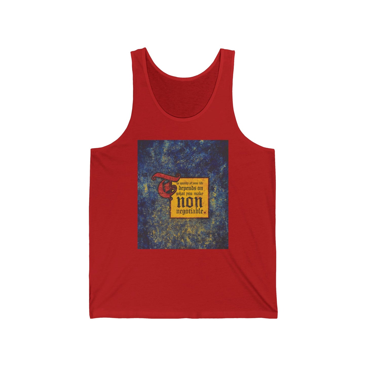 Red tank top featuring the motivational quote "The Quality of Your Life Depends on What You Make Non-Negotiable" from Uncompromising Christianity, Orthodox Christian design.
