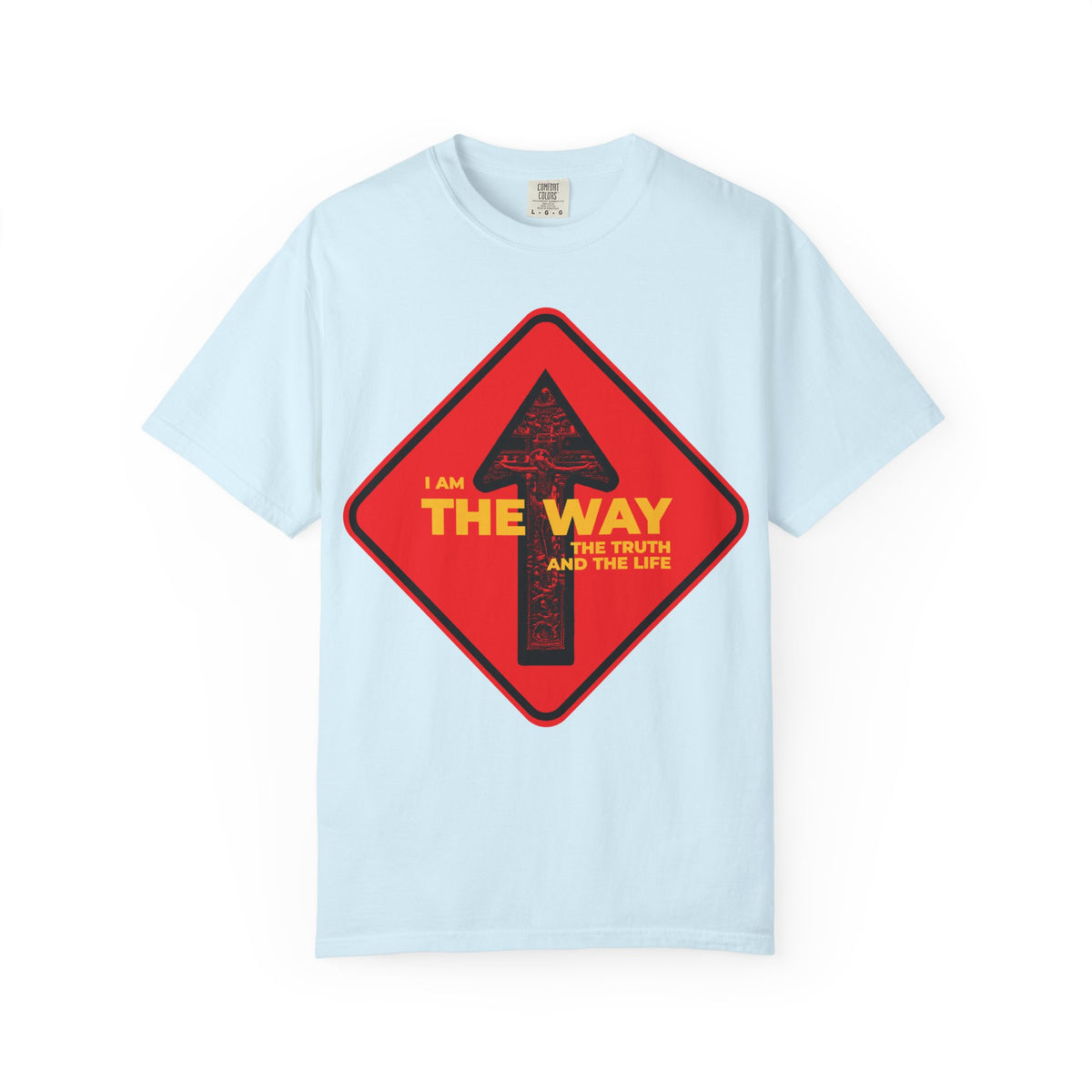 Chambray t-shirt featuring a red one way street sign with the words: I am THE WAY, THE TRUTH, AND THE LIFE. Inspired by John 14:6, this Orthodox Christian heavyweight cotton unisex tee boldly declares Jesus as the way through its unique crucifix arrow design.