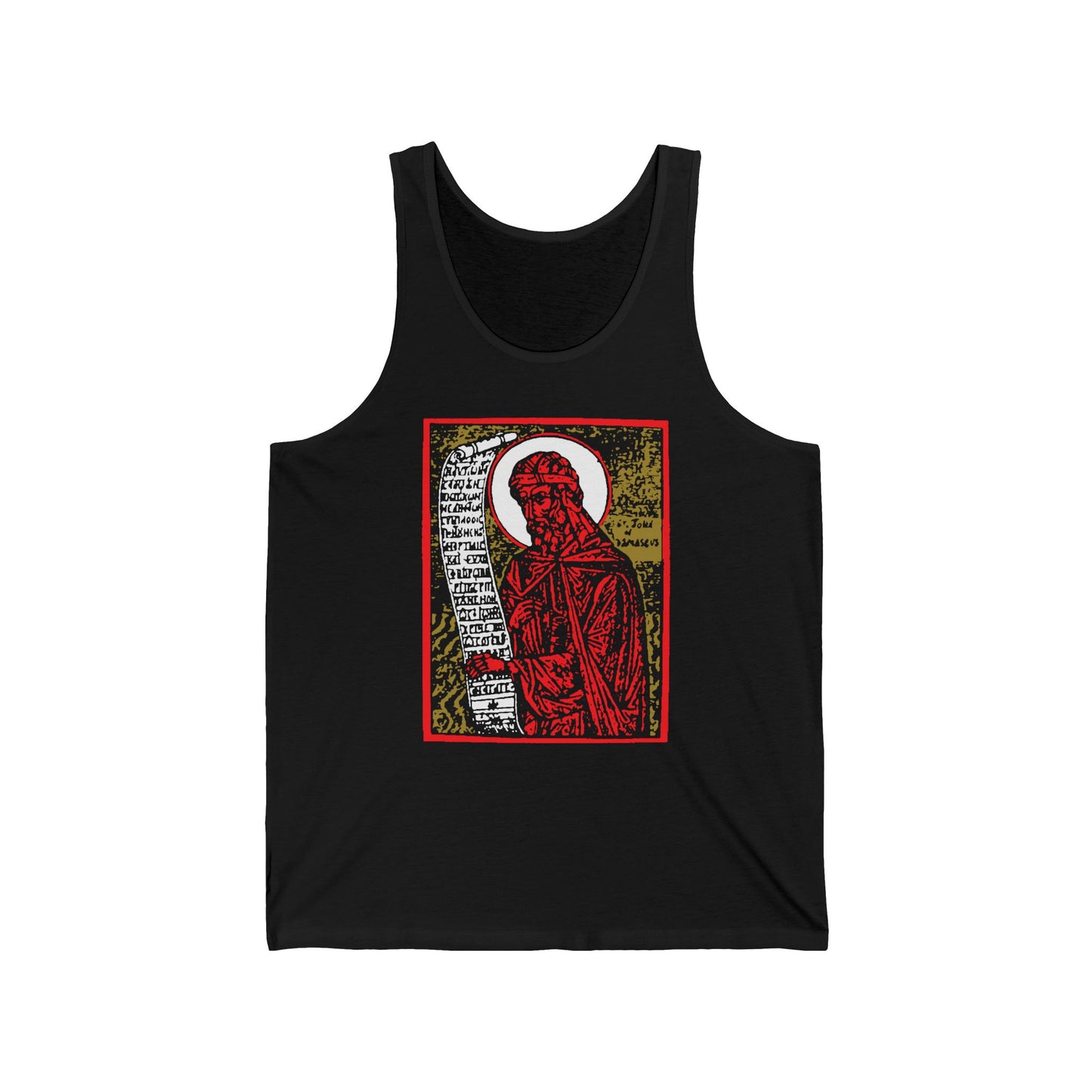 Black cotton tank top featuring a high-contrast red and gold St. John of Damascus iconographic design with a white halo and scroll, inspired by Orthodox Christian themes—Stichera for the Dead, Tone 1.
