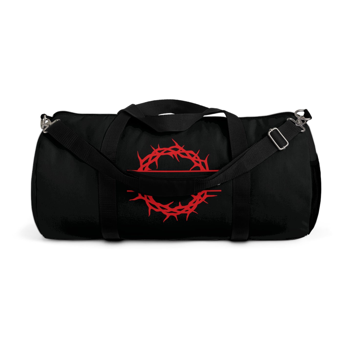 Black "King of Kings Crown of Thorns" gym duffel bag featuring a red crown of thorns graphic, inspired by Christ as King in Revelation 19:16. Perfect for boldly showing your faith at the gym or on the go.