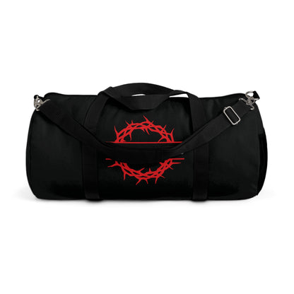 Black "King of Kings Crown of Thorns" gym duffel bag featuring a red crown of thorns graphic, inspired by Christ as King in Revelation 19:16. Perfect for boldly showing your faith at the gym or on the go.