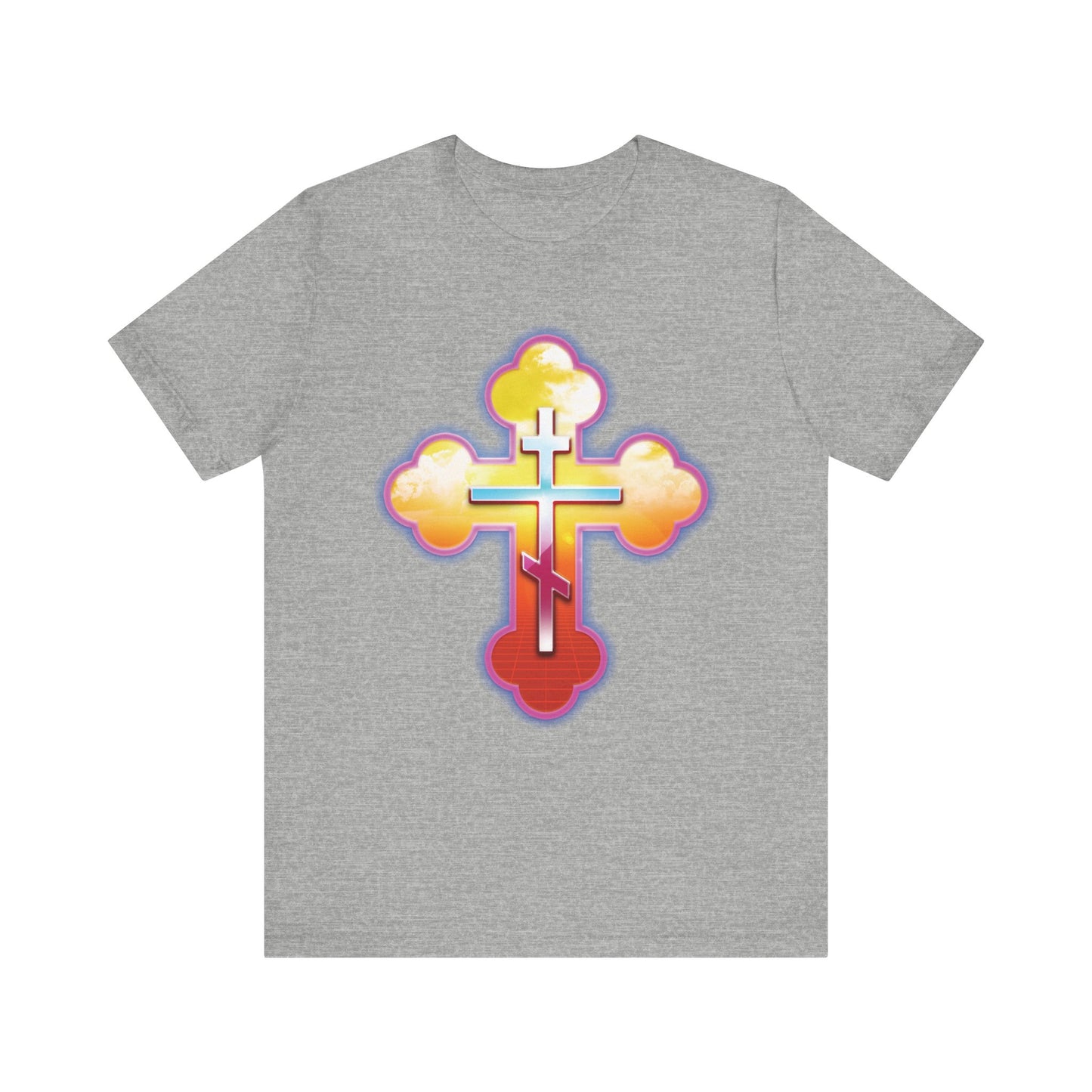 80s Synthwave Retrowave Outrun Aesthetic | Glowing & Reflective Gold & Red Three-Bar Cross | Lightweight Cotton Unisex Tee